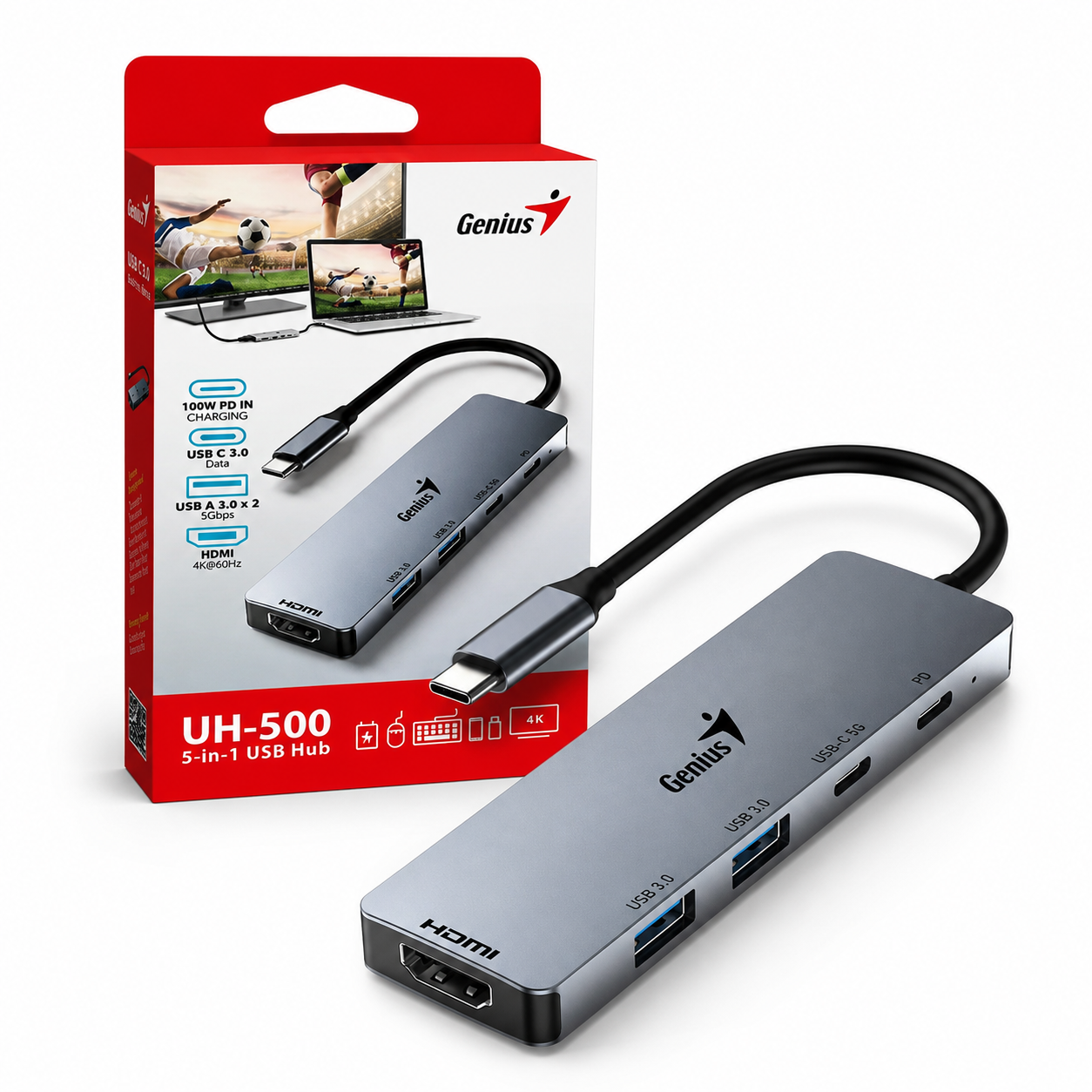 Hub USB-C Genius UH-500 5 en 1 con HDMI 4K y PD 100W