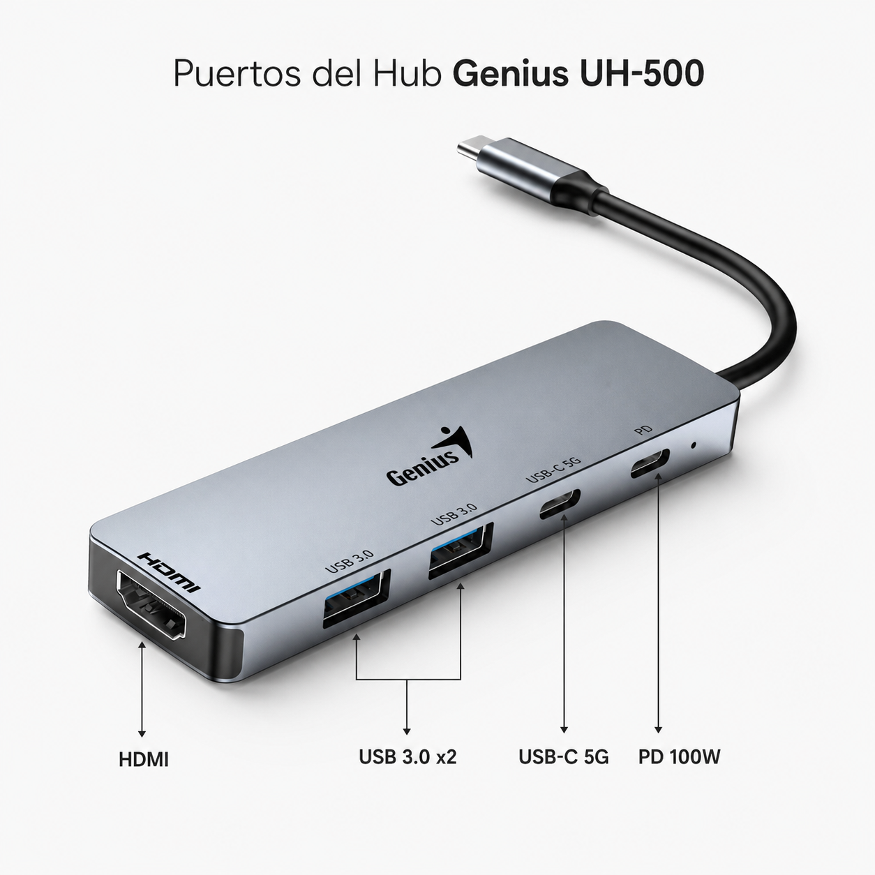 Hub USB-C Genius UH-500 5 en 1 con HDMI 4K y PD 100W