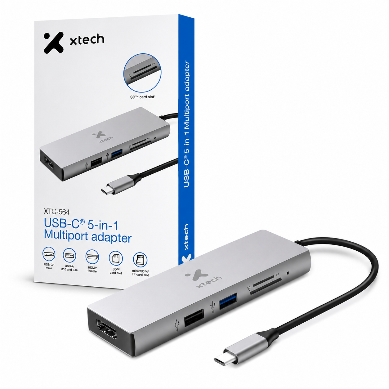 Adaptador USB-C Xtech XTC-564 leyendo usb, tarjeta SD y microSD