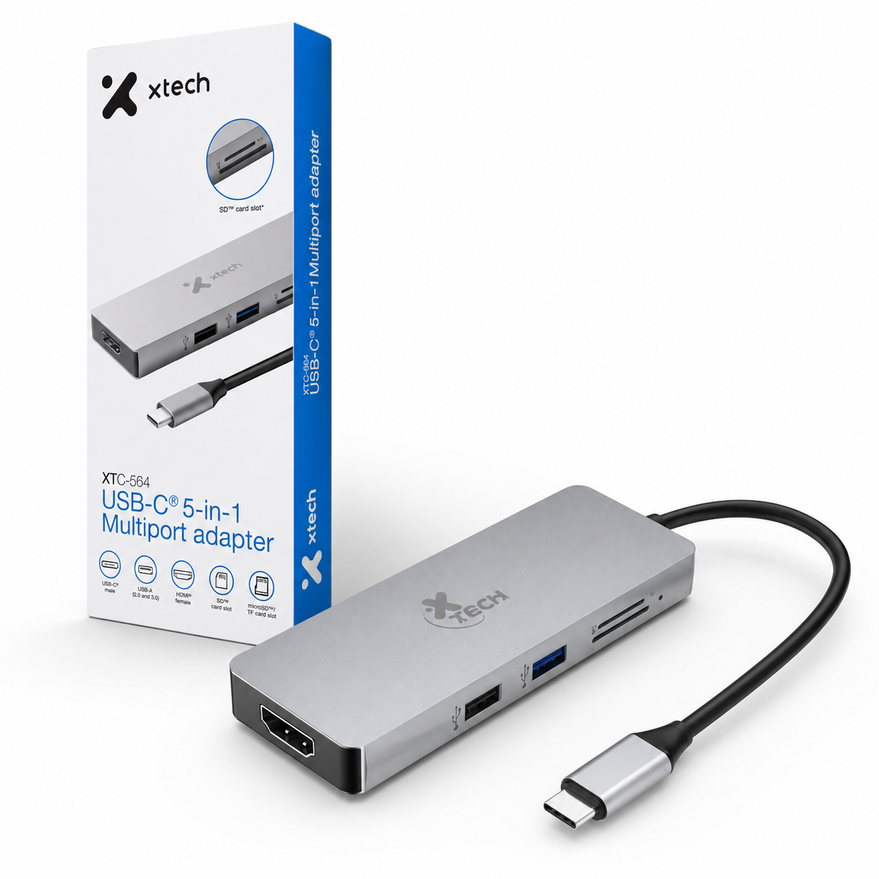 Hub USB-C Xtech XTC-564 5 en 1 con HDMI 4K USB SD y microSD