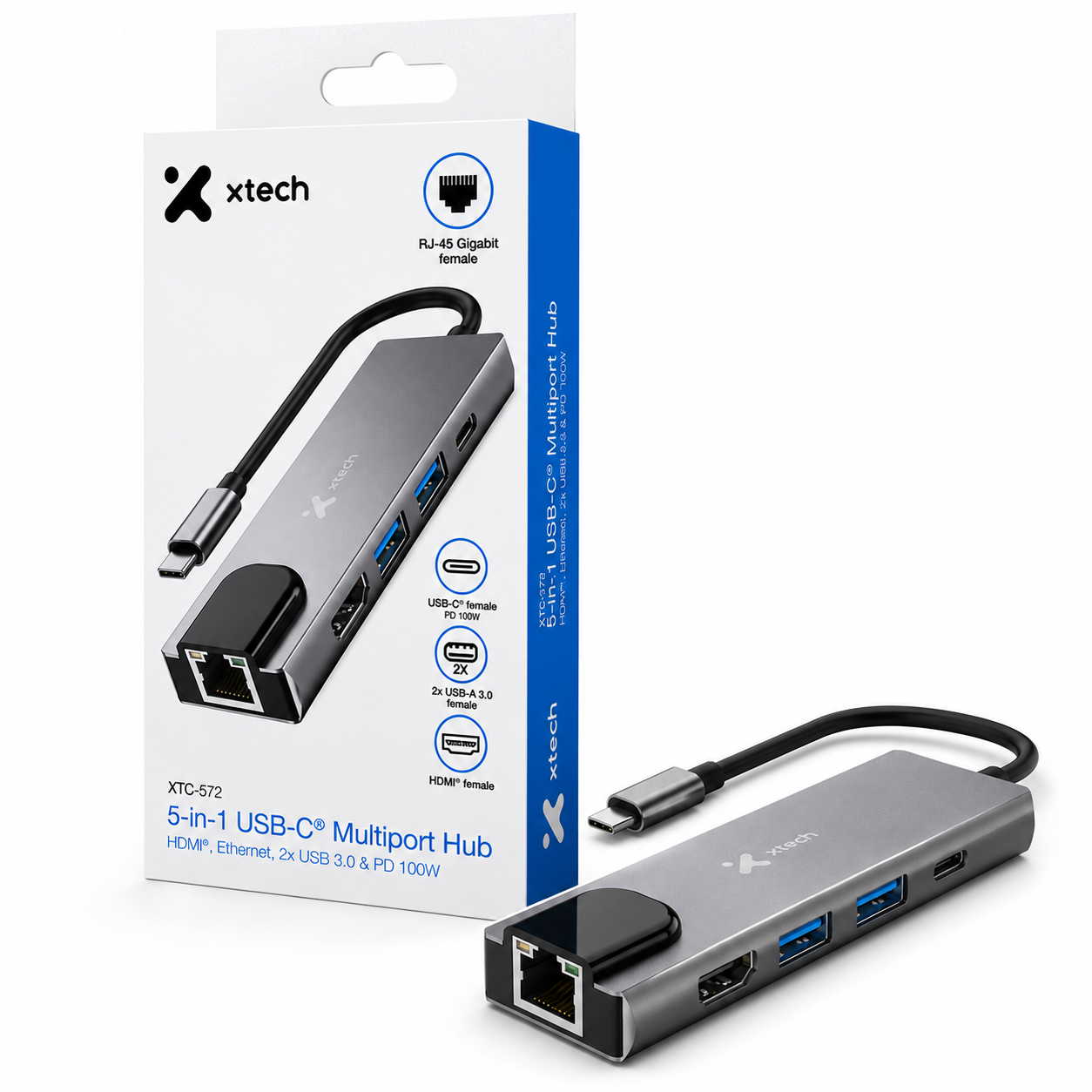 Hub USB-C Xtech XTC-572 5 en 1 junto a su caja original