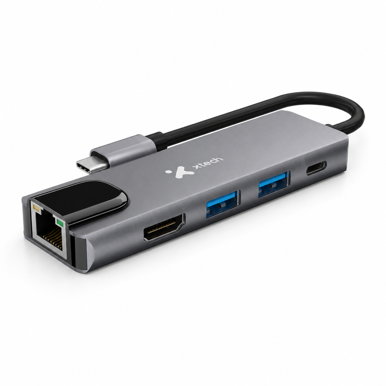 Hub Xtech XTC-572 para laptop, cable Ethernet y dispositivos USB