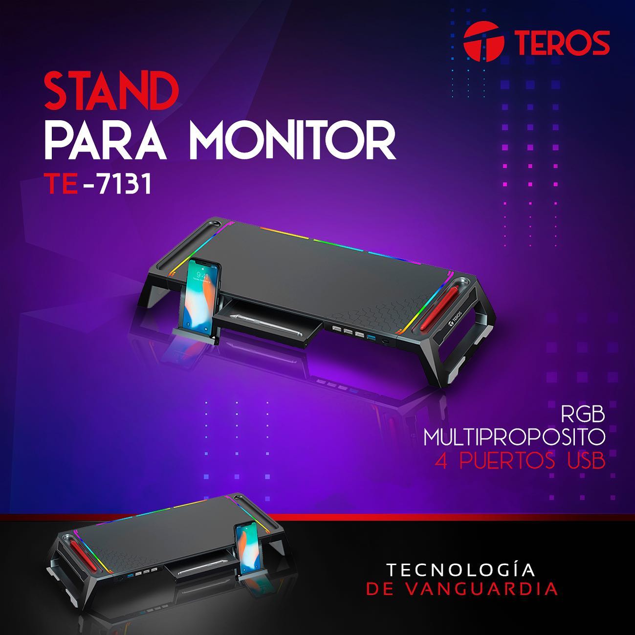 Stand para monitor con RGB multifuncional con 4 puertos USB Teros TE7131