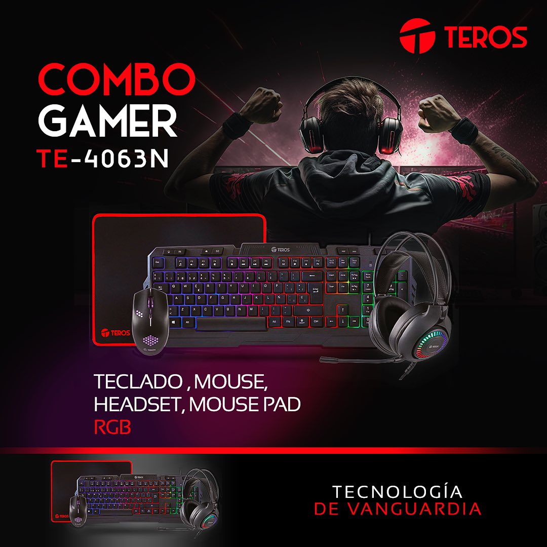 Combo Teclado, Mouse, Mouse Pad y Audífonos Gamer Teros TE-4063N, alámbrico negro