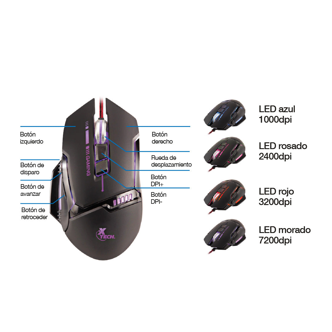 Mouse Gamer óptico 3D Xtech Combative XTM-720, 7200dpi, 8 botones