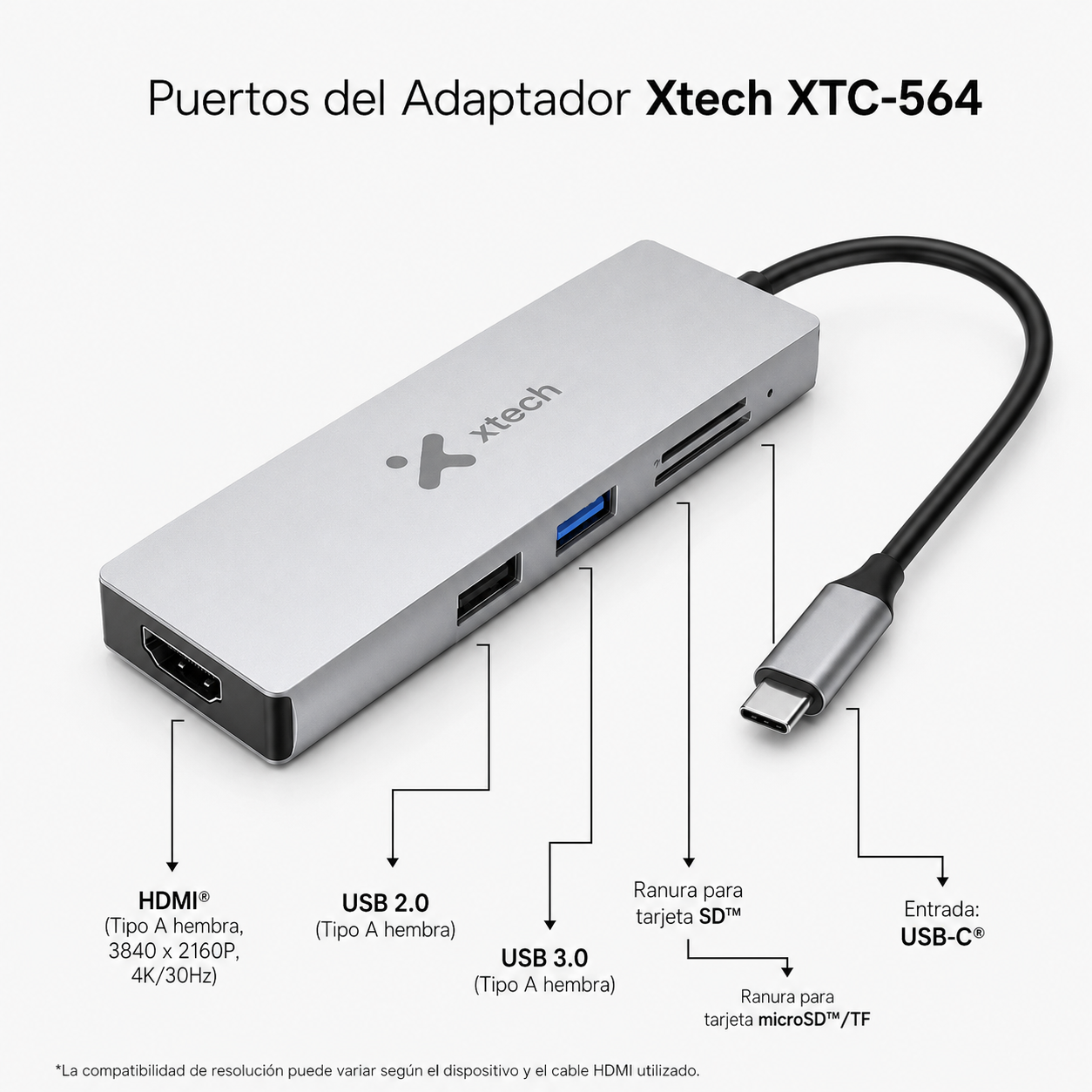 Hub USB-C Xtech XTC-564 5 en 1 con HDMI 4K, USB 3.0, SD y microSD