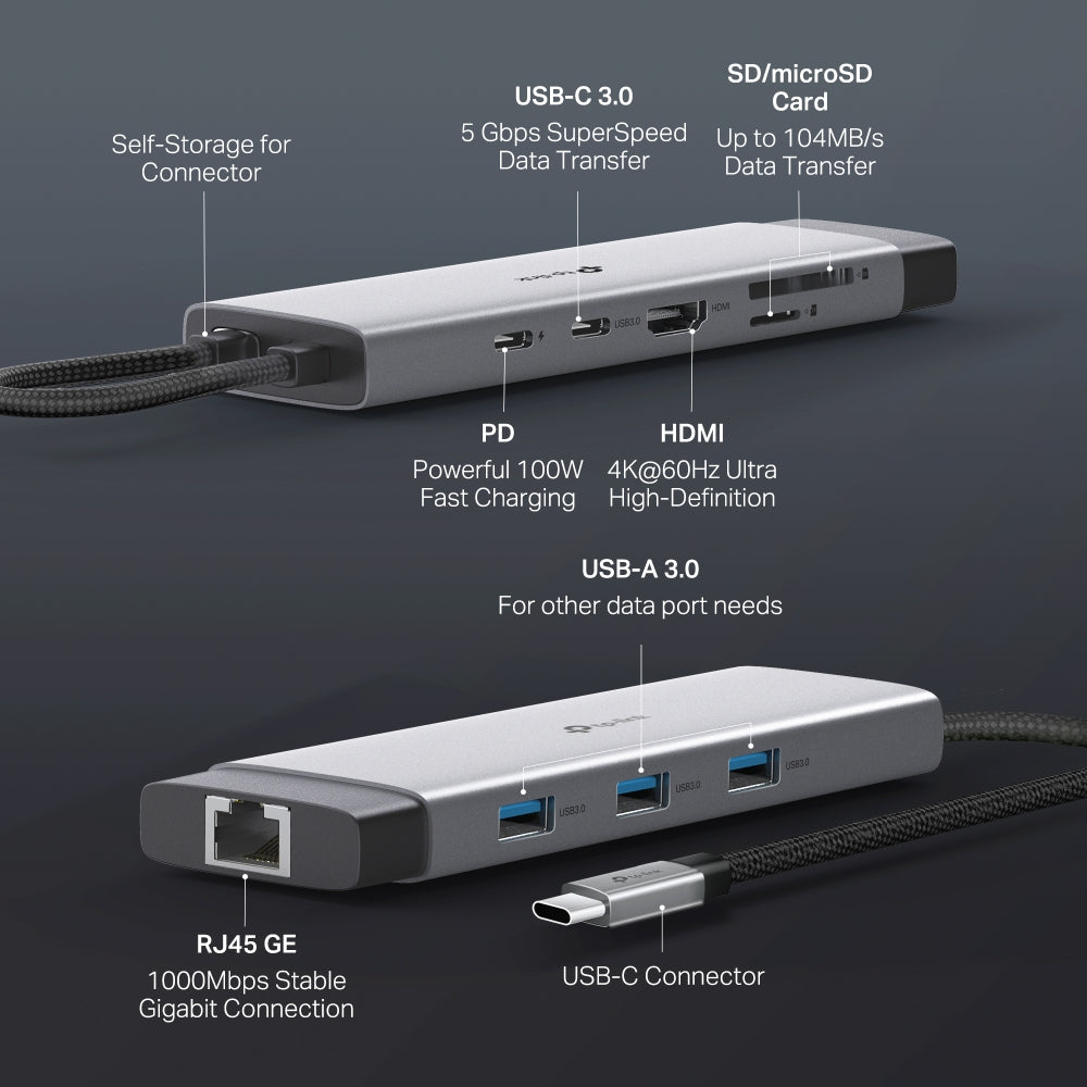 Conectividad del hub USB-C TP-Link UH9120C para laptop y periféricos