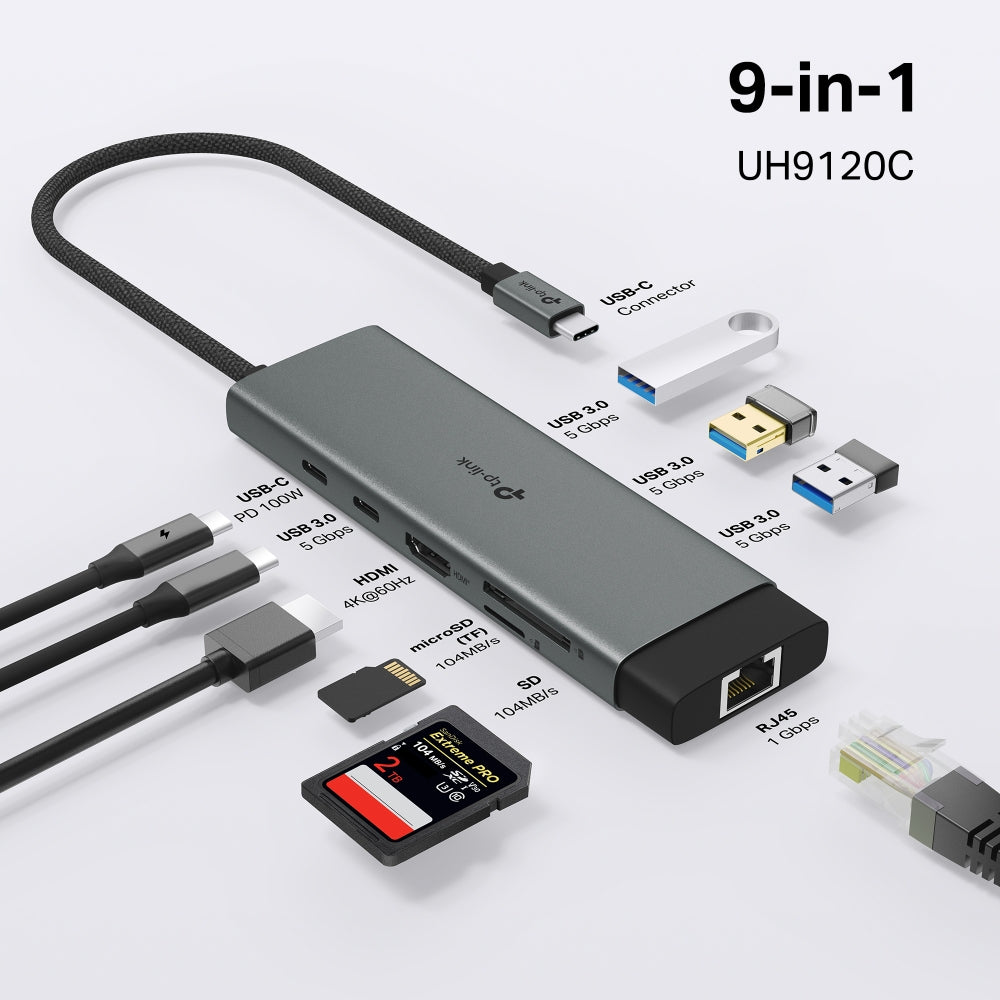 Puertos del hub USB-C TP-Link UH9120C 9 en 1 identificados