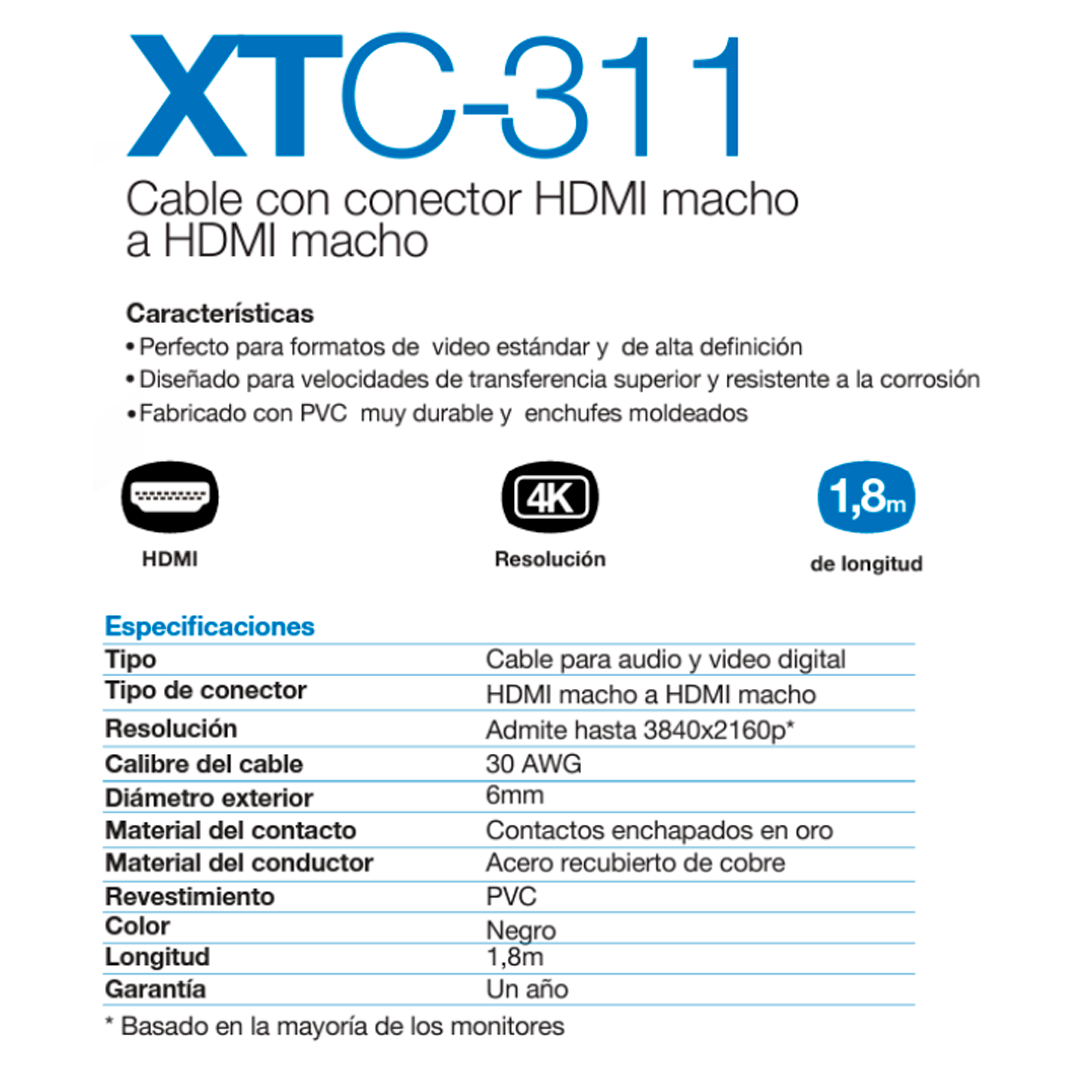 Cable con conector HDMI (M) a HDMI (M), Xtech XTC-311, 1.8m