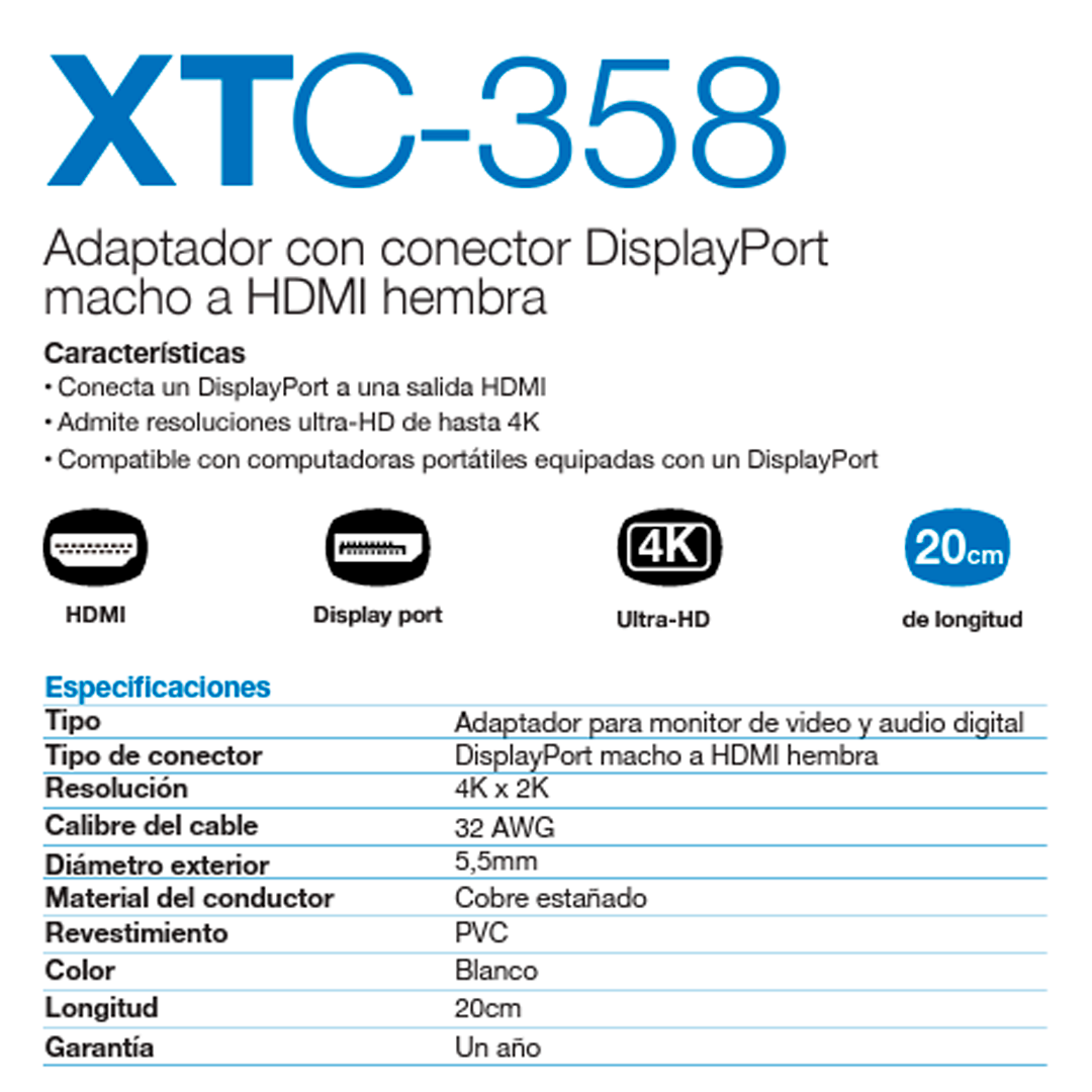 Adaptador con conector DisplayPort (M) a HDMI (H), Xtech XTC-358