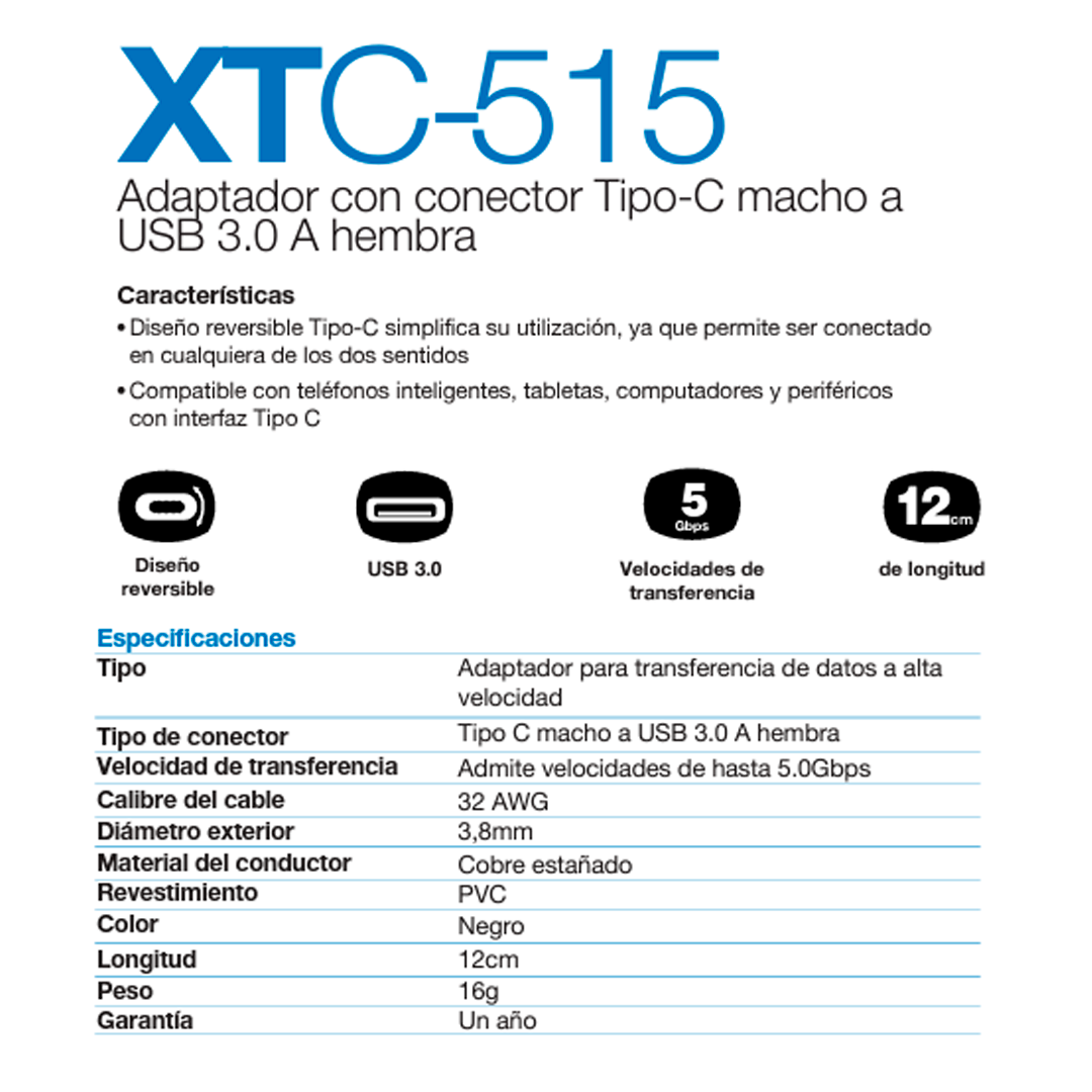 Adaptador con conector Tipo-C (M) a USB 3.0 A (H), Xtech XTC-515, 12cm
