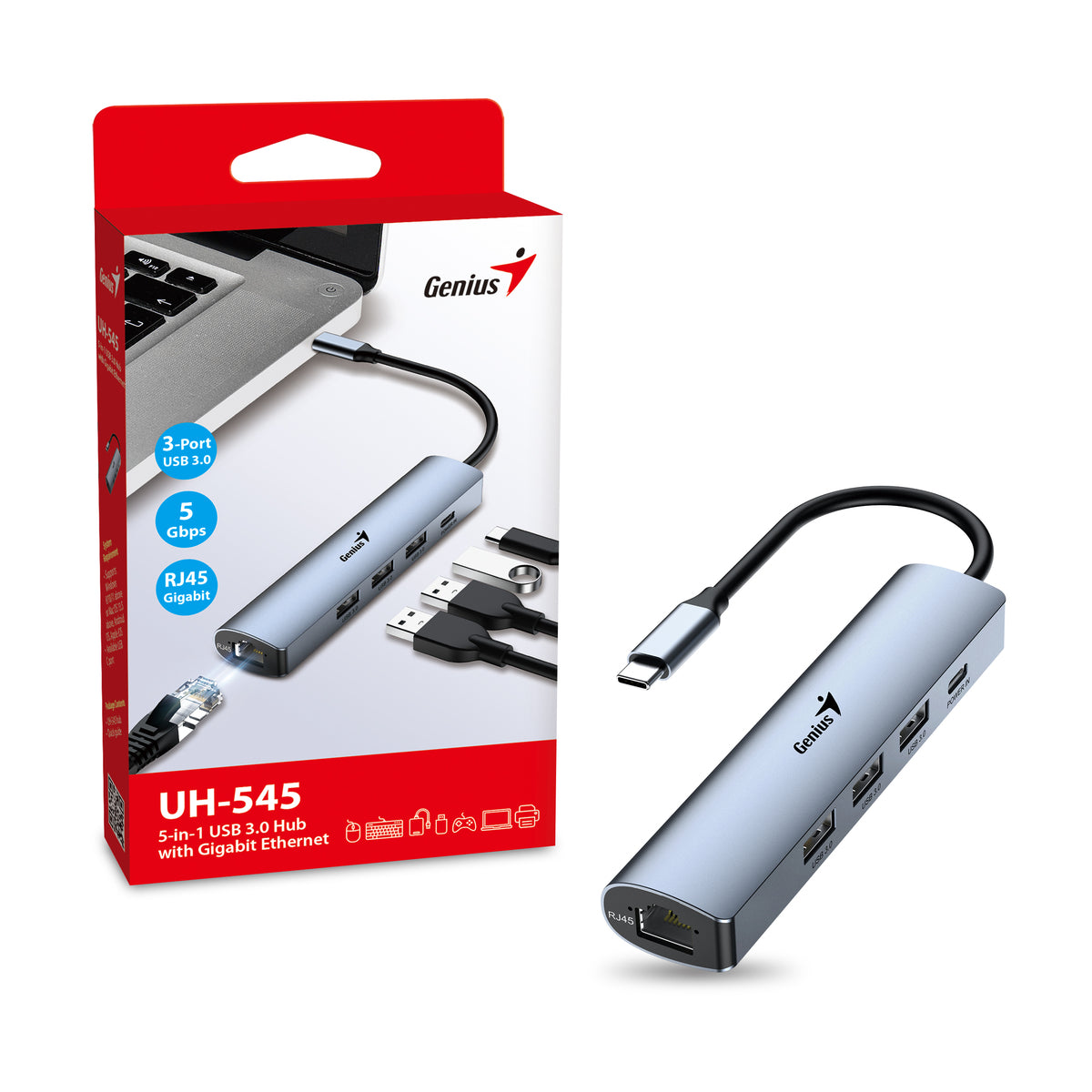 HUB USB-C a RJ45 Gigabit / USB-C / 3*USB-A - Genius UH-545