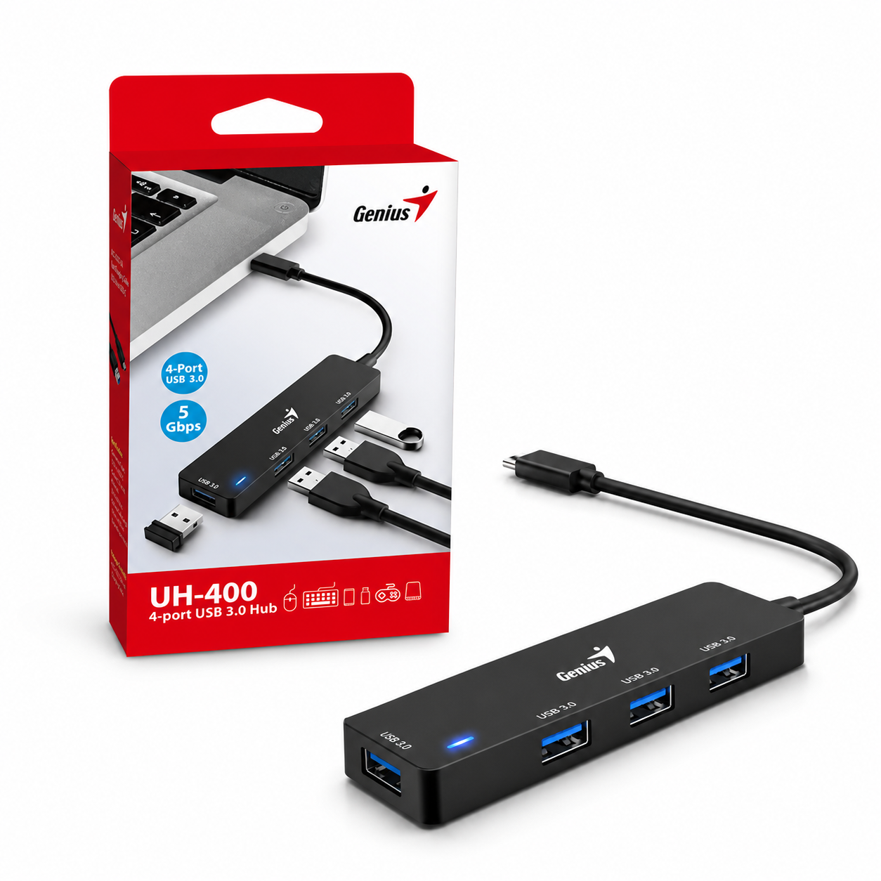 Hub USB-C Genius UH-400 de 4 Puertos USB 3.0, 5Gbps Plug & Play