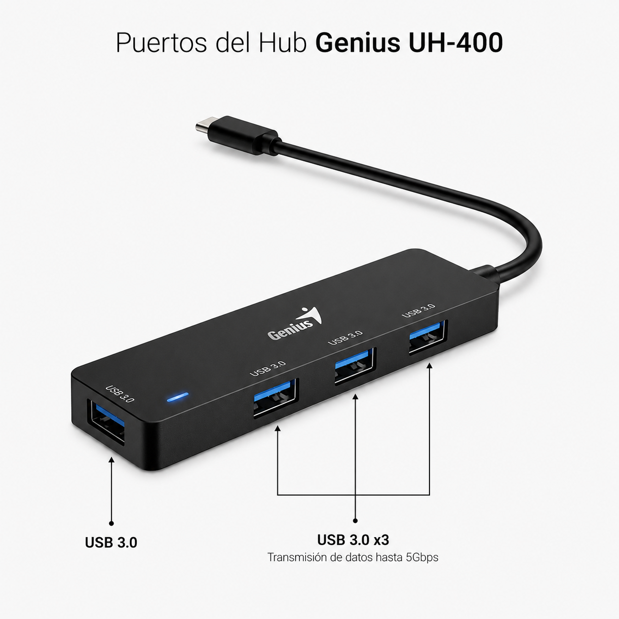 Hub USB-C Genius UH-400 de 4 Puertos USB 3.0, 5Gbps Plug & Play