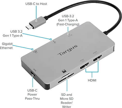 Docking Station Targus USB-C, Lectora de tarjeta, doble HDMI 4K, Ethernet, USB-A, Power Delivery 100W