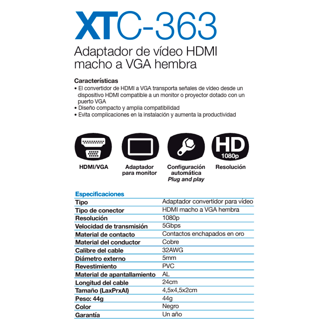 Adaptador de vídeo HDMI (M) a VGA (H), Xtech XTC-363
