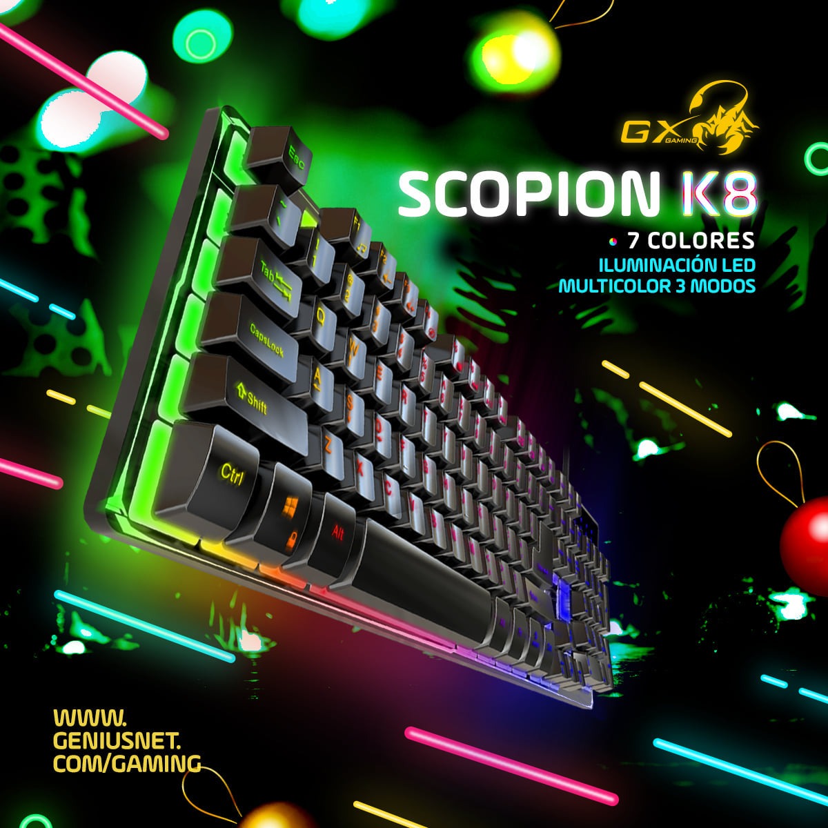 Teclado Gamer Semi-Mecánico Genius GX Scorpion K8, RGB, español, USB cable