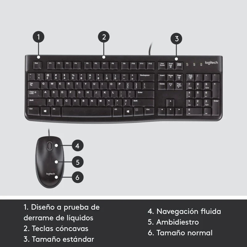 Kit de Teclado y Mouse Logitech MK120, estándar, cable USB, español, negro