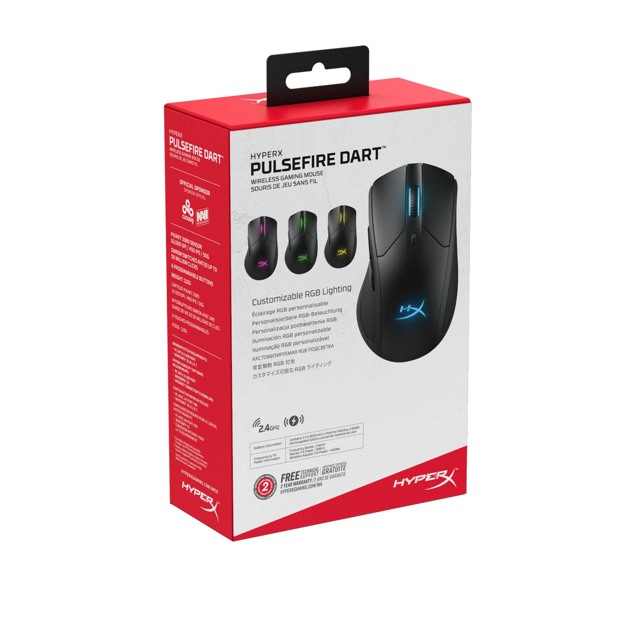 Mouse Gamer HyperX Pulsefire Dart RGB, inalámbrico (USB 2.4 GHz), Carga Inalámbrica Qi