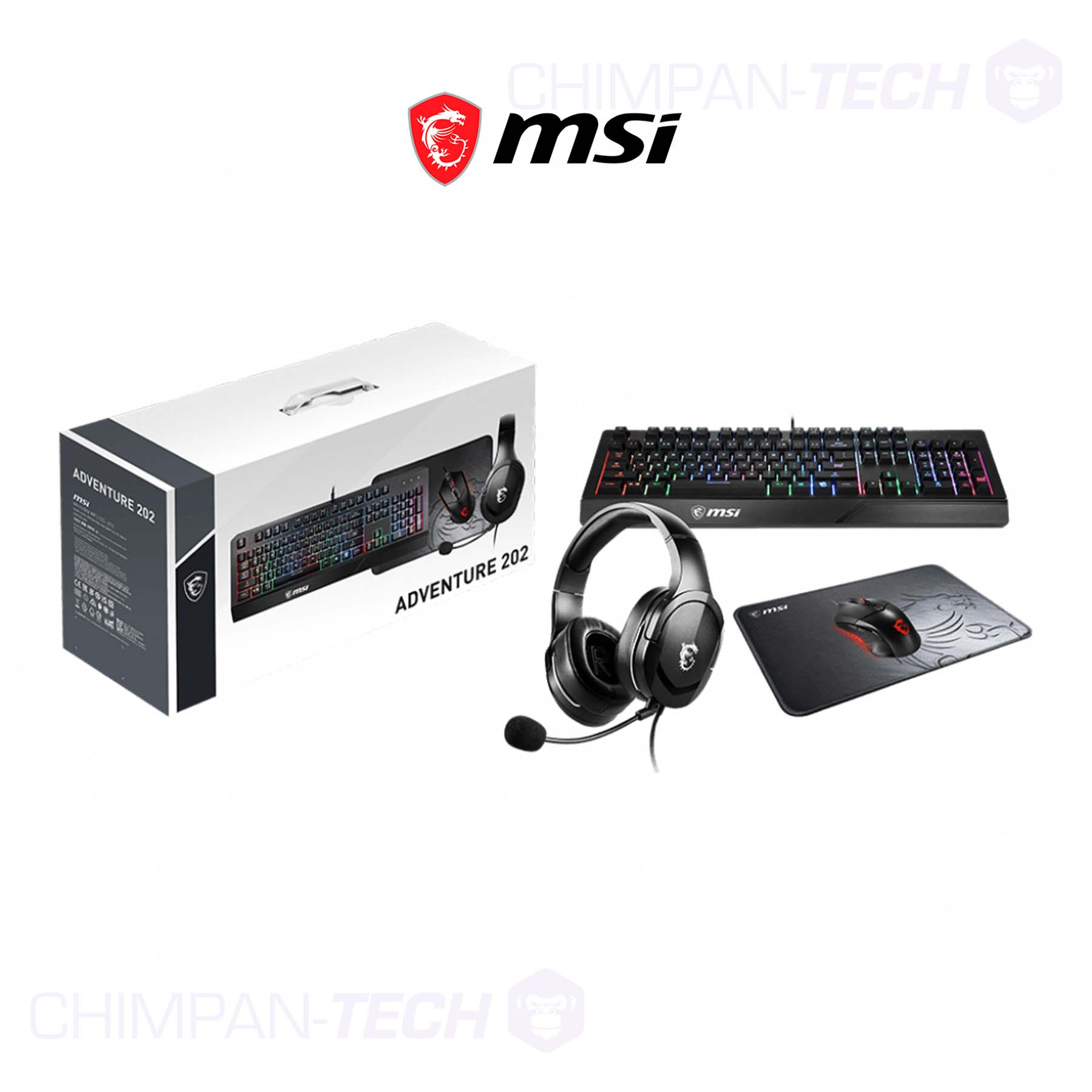 Kit Gamer Teclado + Mouse + Audífonos+ Pad, MSI Adventure 202, RGB, cable USB, inglés